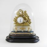 A continental gilt metal mantel clock, contained under a glass dome, 44cm high,