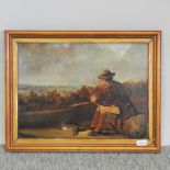 English School, 19th century, landscape with a gamekeeper seated on a log, rabbit at his feet,