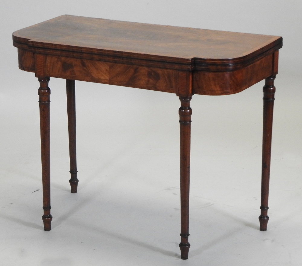A George III mahogany and satinwood crossbanded folding card table, with a hinged breakfront top, - Image 3 of 7