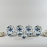 A collection of five 18th century blue and white porcelain tea bowls and saucers, possibly Caughley,