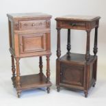 A near pair of early 20th century French walnut pot cupboards, each having a marble top,