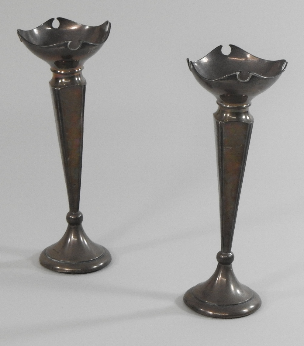 A pair of early 20th century silver spill vases, each of slender shape, with an undulating rim, - Image 4 of 8