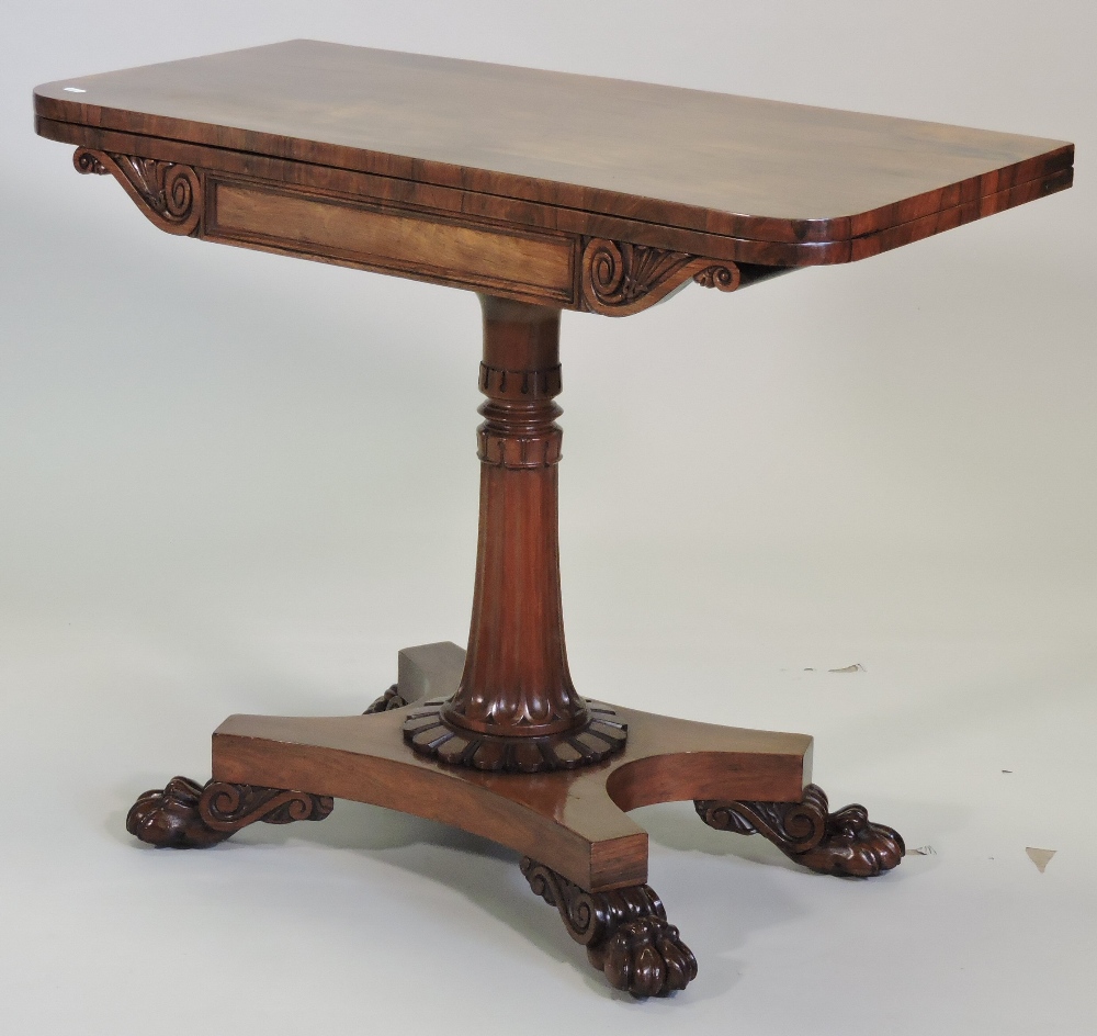 A William IV rosewood D shaped folding card table, on a fluted column and platform base, - Image 4 of 5