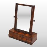 A George II walnut toiletry mirror, the base containing three short drawers, on ball feet,