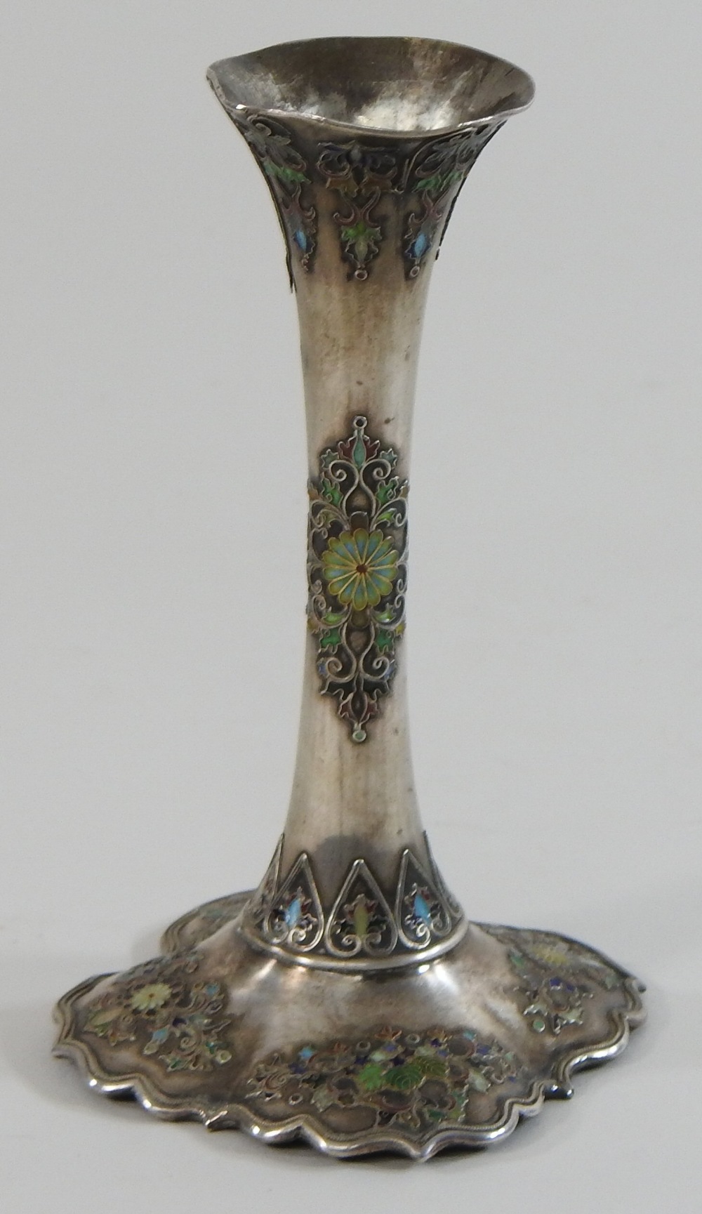 An early 20th century Eastern silver and enamelled vase, of tapered shape, - Image 4 of 6