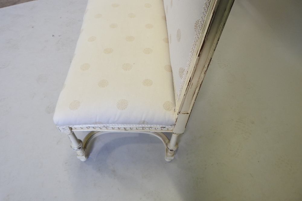 A French style cream upholstered high back sofa, on turned legs, united by shaped stretchers, - Image 2 of 9