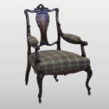 An Edwardian floral marquetry inlaid mahogany open armchair,