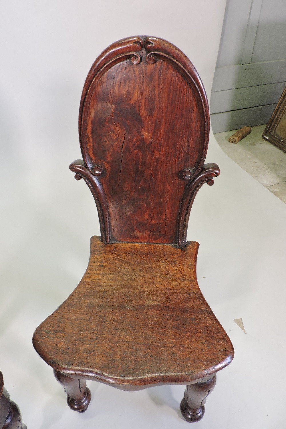 A pair of 19th century oak hall chairs, each with a shield shaped back and solid seat, - Image 5 of 7