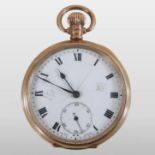 A 19th century 9 carat gold cased open faced pocket watch, the white enamel dial with Roman hours,