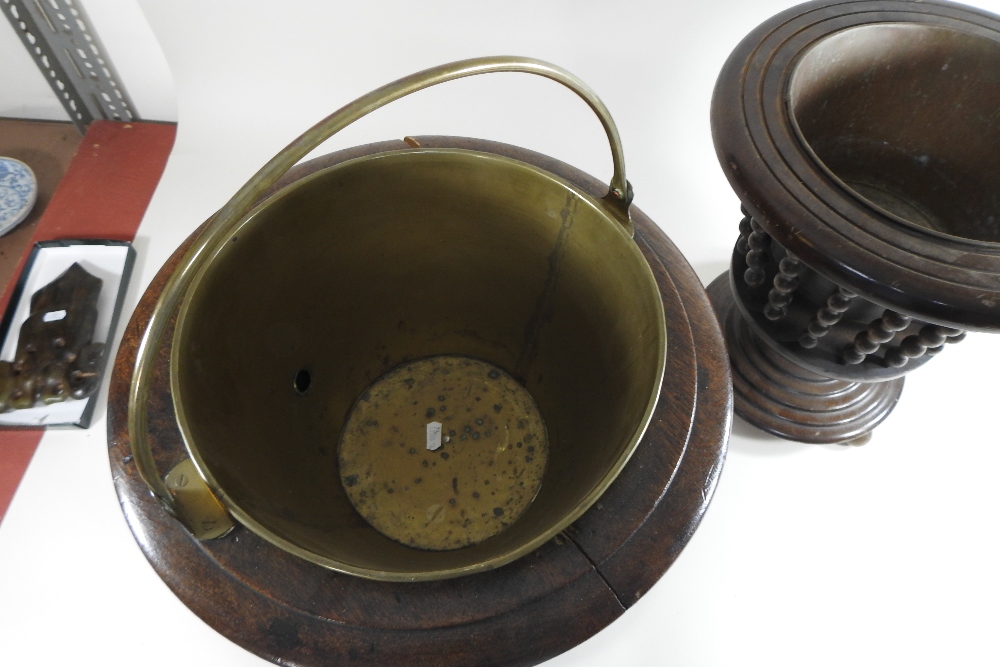 A 19th century oak peat bucket, with a brass liner, standing on three ball feet, 45cm high, - Image 3 of 8