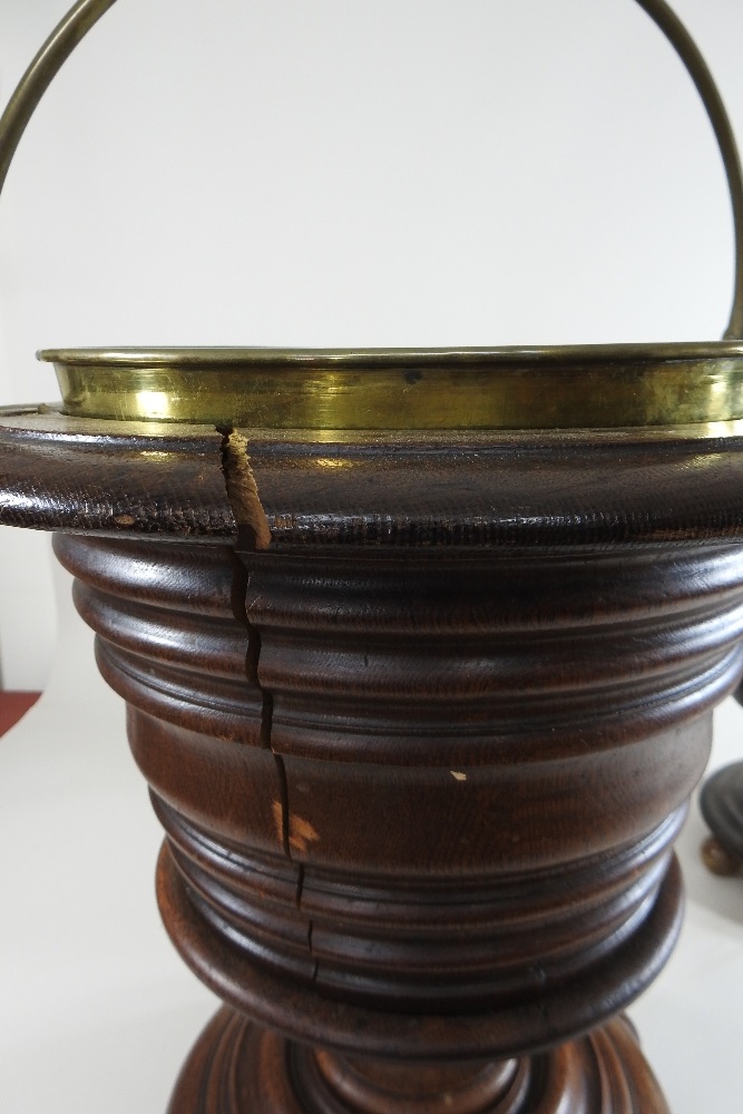 A 19th century oak peat bucket, with a brass liner, standing on three ball feet, 45cm high, - Image 6 of 8