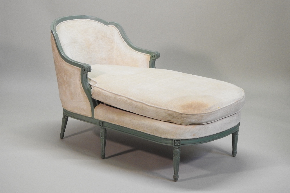 A French style cream upholstered and green painted day bed, on turned and reeded legs, - Image 4 of 9