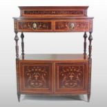 A good quality Edwardian mahogany and floral marquetry bow front buffet, with satinwood banding,