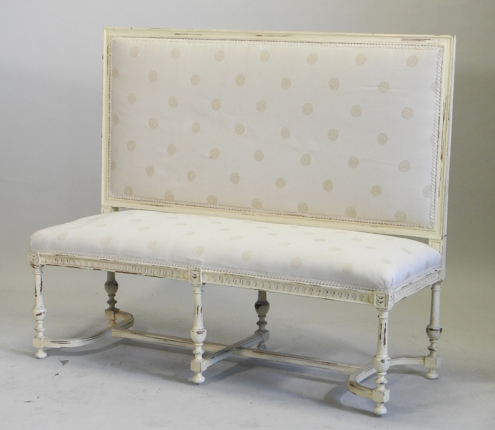 A French style cream upholstered high back sofa, on turned legs, united by shaped stretchers, - Image 4 of 9
