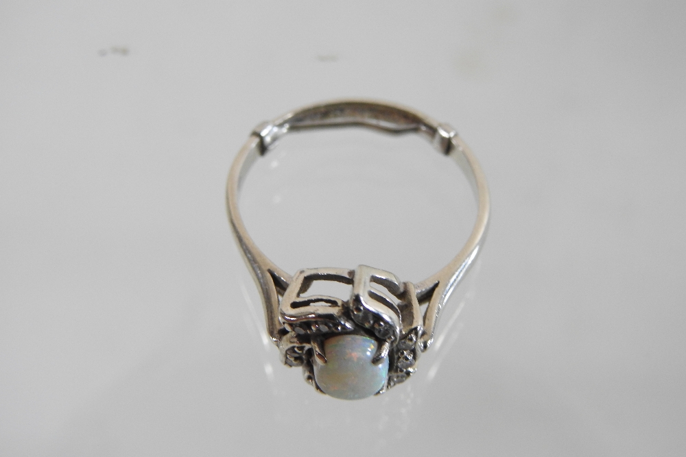 A 14 carat gold opal and diamond cluster ring, together with a cultured pearl single stand necklace, - Image 4 of 8