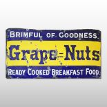A vintage enamel advertising sign, 'Grape Nuts',