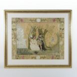 A 19th century silkwork picture, depicting a medieval style courting couple,