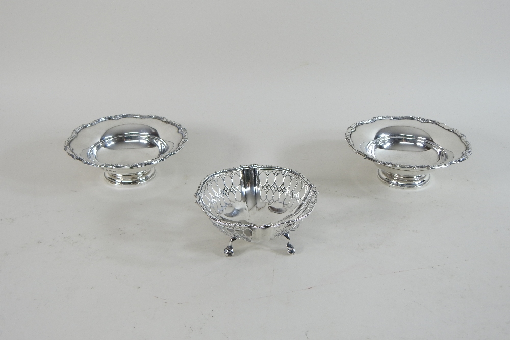 A pair of early 20th century silver bon-bon dishes, with scrolled borders, Birmingham 1938, - Image 3 of 8