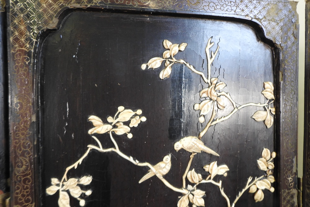 A Japanese four fold Shibayama dressing screen, decorated with flora and fauna, - Image 10 of 22