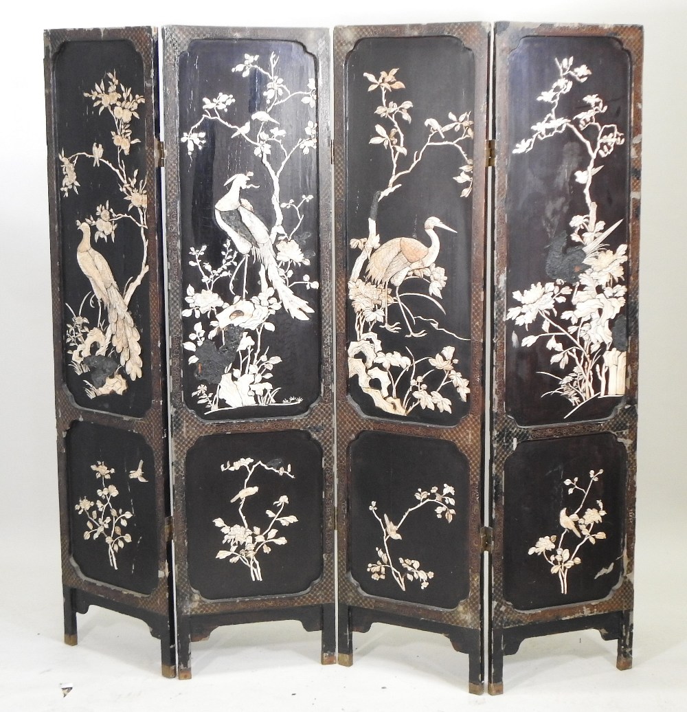 A Japanese four fold Shibayama dressing screen, decorated with flora and fauna, - Image 5 of 22
