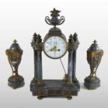 A 19th century French marble and ormolu mounted three piece clock garniture, of architectural form,