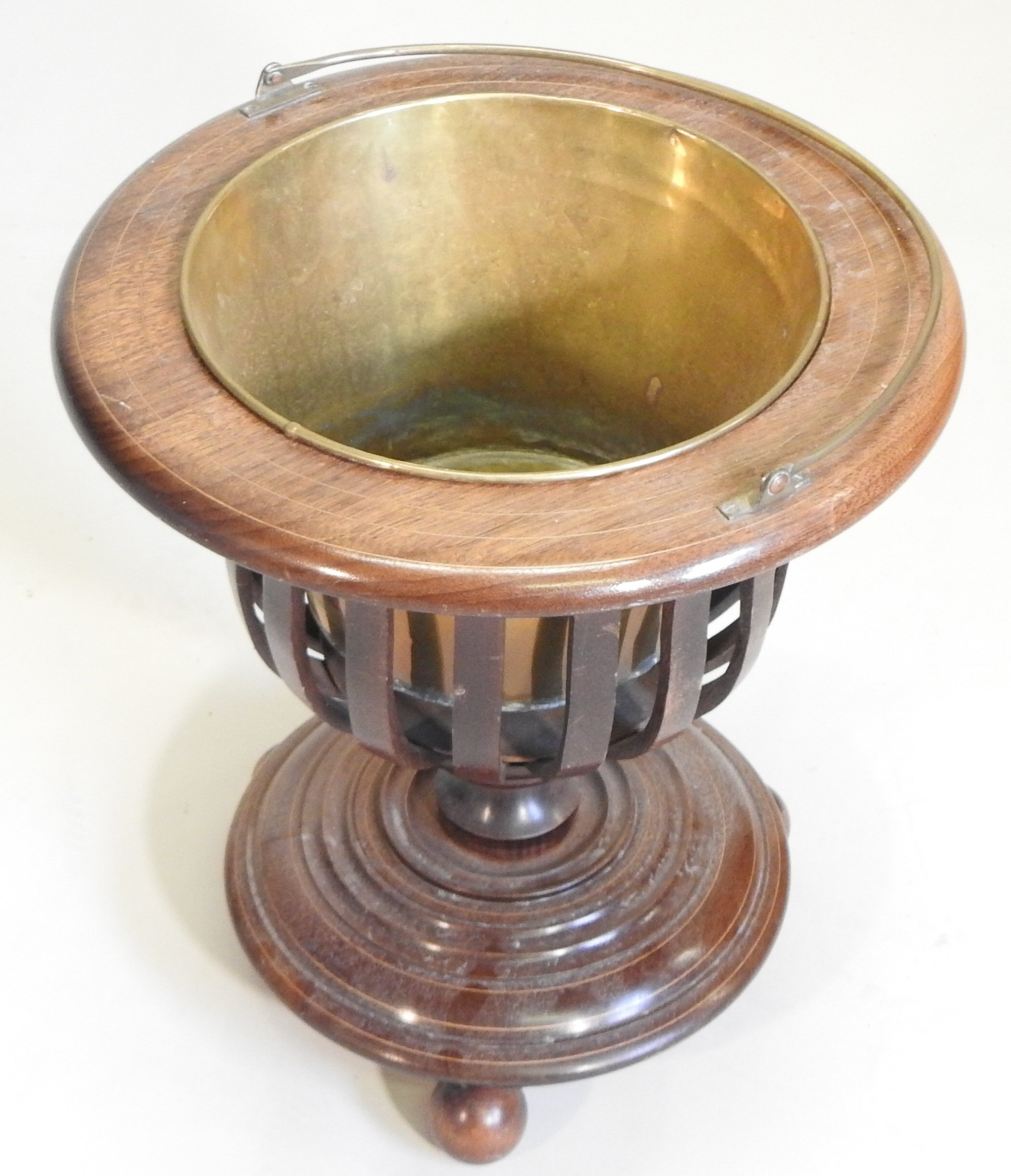A Dutch mahogany peat bucket, with brass liner, standing on three ball feet, - Image 4 of 6
