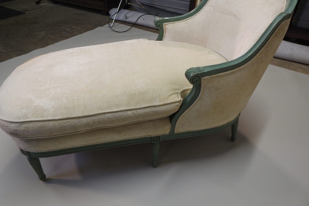 A French style cream upholstered and green painted day bed, on turned and reeded legs, - Image 6 of 9