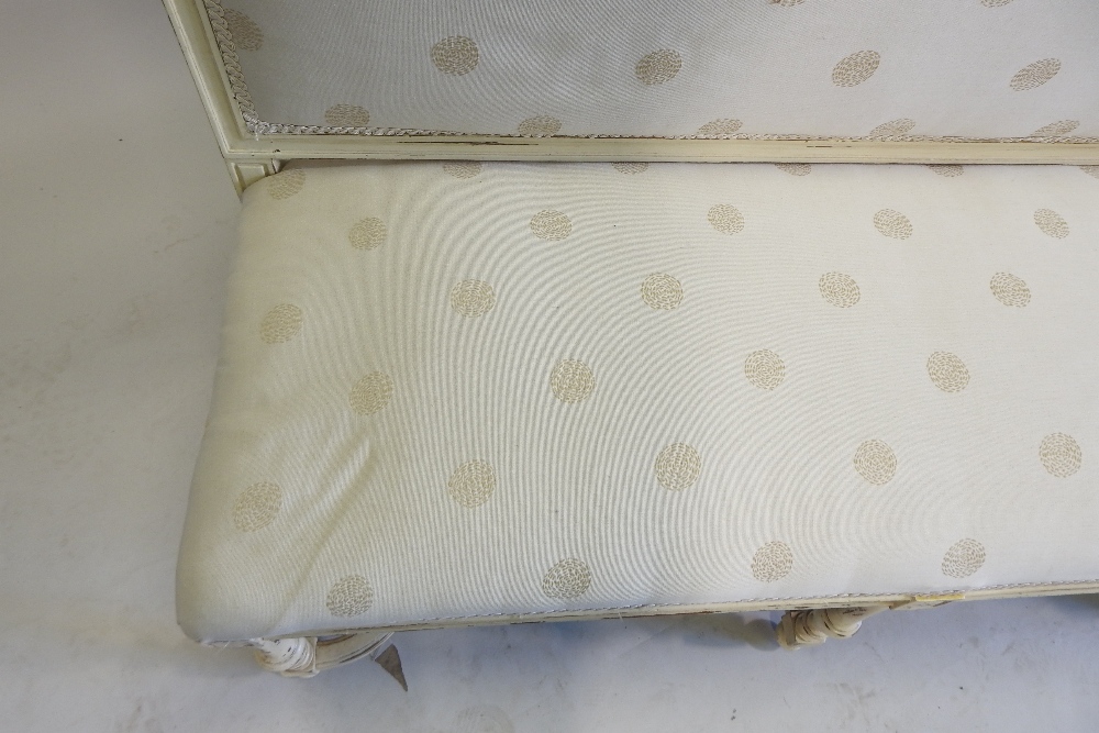 A French style cream upholstered high back sofa, on turned legs, united by shaped stretchers, - Image 5 of 9