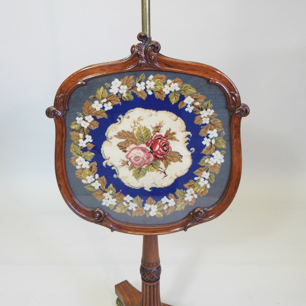 A late Regency rosewood needlepoint pole screen, on fluted column and a triform base, - Image 5 of 8