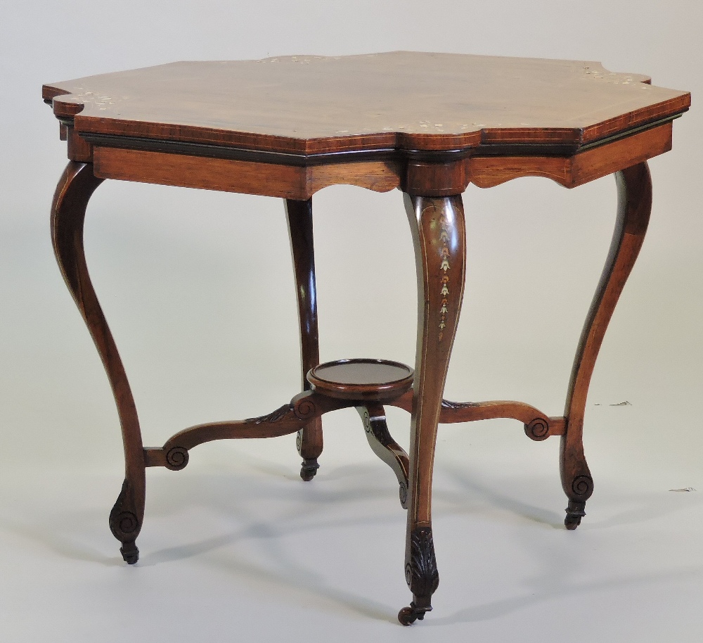 A good quality Edwardian rosewood, bone and satinwood inlaid centre table, with a shaped square top, - Image 4 of 7