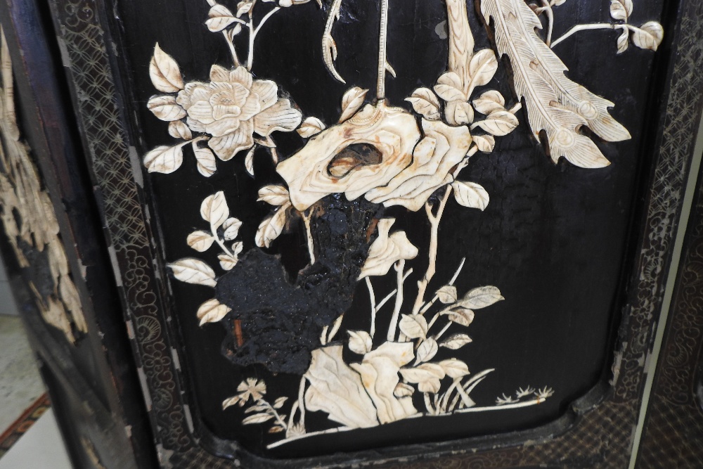 A Japanese four fold Shibayama dressing screen, decorated with flora and fauna, - Image 12 of 22