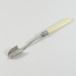 A Victorian silver stilton cheese scoop, with a simulated ivory handle, Sheffield 1881,