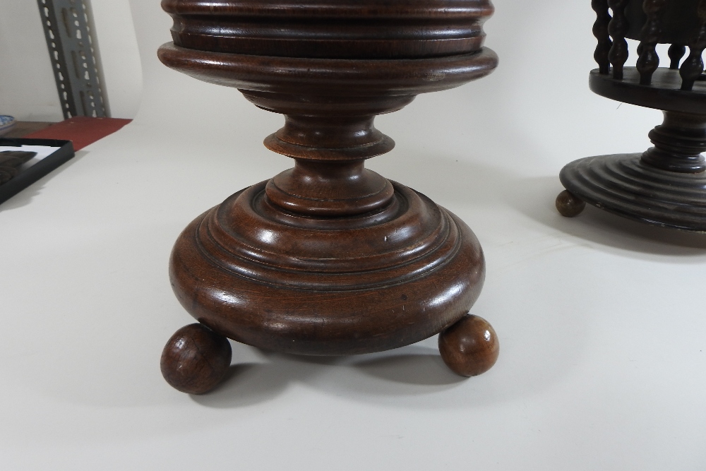 A 19th century oak peat bucket, with a brass liner, standing on three ball feet, 45cm high, - Image 5 of 8