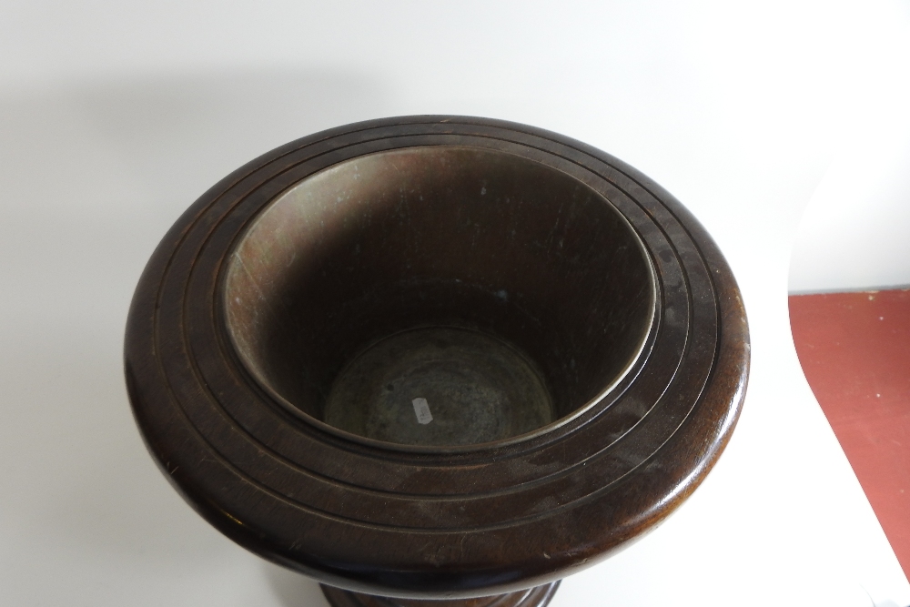 A 19th century oak peat bucket, with a brass liner, standing on three ball feet, 45cm high, - Image 7 of 8