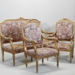 A French style upholstered gilt framed three piece suite,