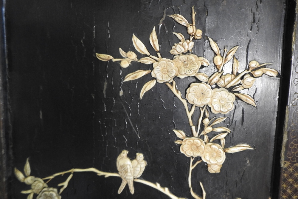 A Japanese four fold Shibayama dressing screen, decorated with flora and fauna, - Image 7 of 22