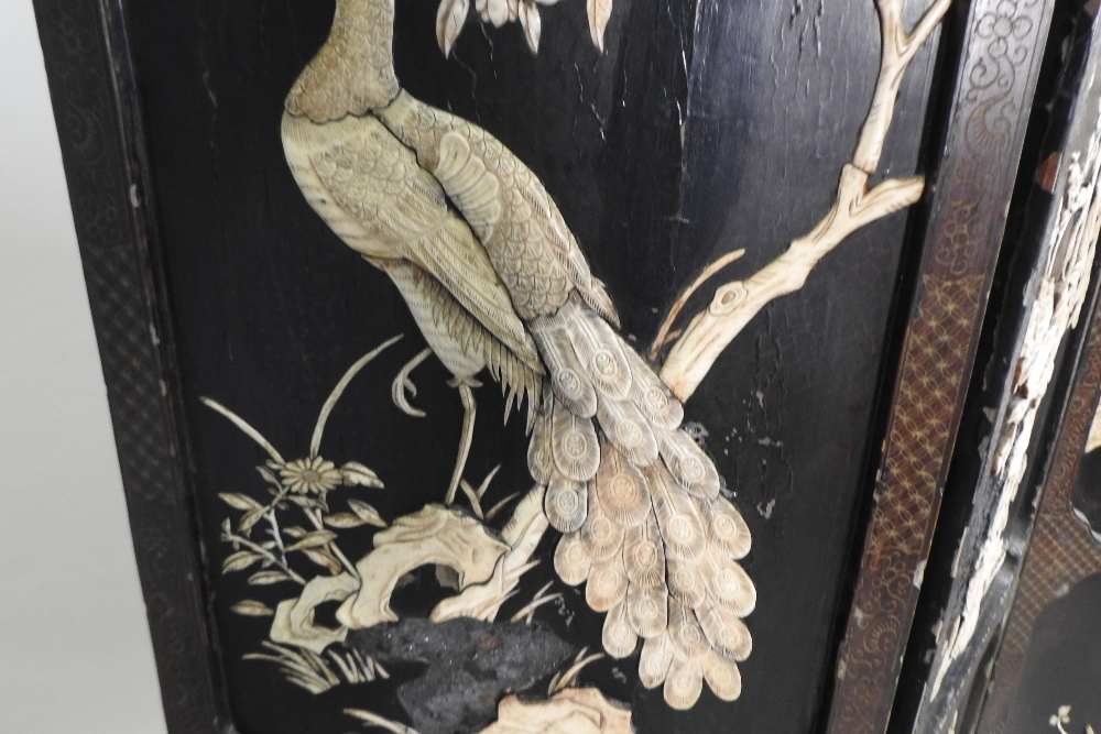A Japanese four fold Shibayama dressing screen, decorated with flora and fauna, - Image 8 of 22