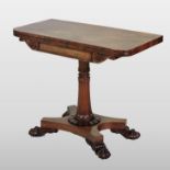 A William IV rosewood D shaped folding card table, on a fluted column and platform base,
