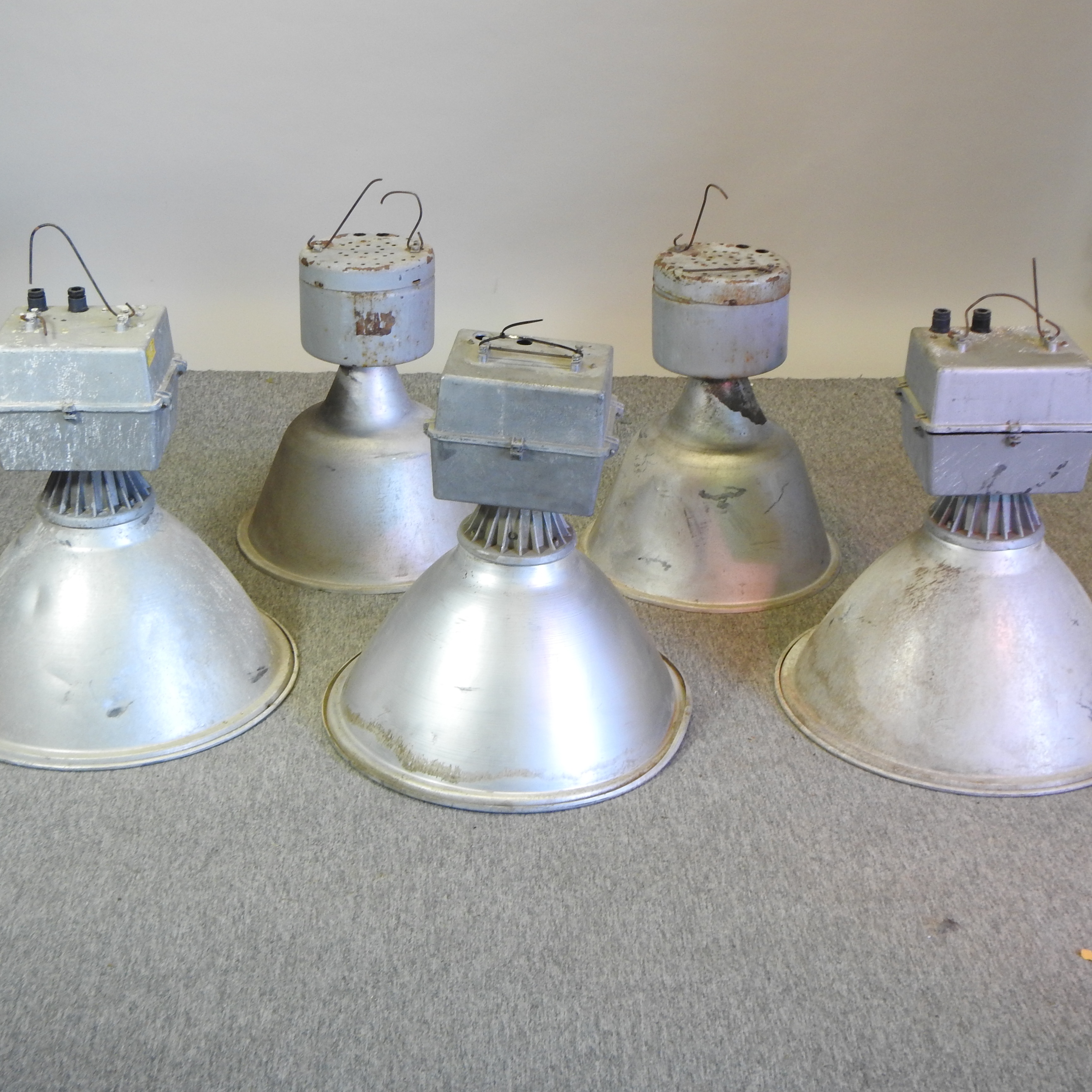 A set of three industrial ceiling lights, 57cm,