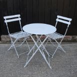 A grey painted metal patio set, comprising a table, 61cm,