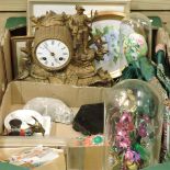 A box of items, to include a 19th century figural mantel clock,