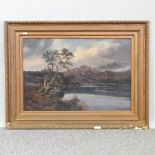 English School, 20th century, lake scene with a fishing boat, oil on board,