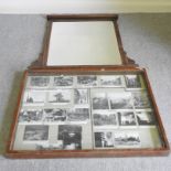 An Edwardian oak over mantel mirror, 105 x 115cm together with a Weapon Incidents 1944 poster,