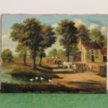 English School, 19th century, farmyard scene with ducks on a pond, oil on canvas, unframed,