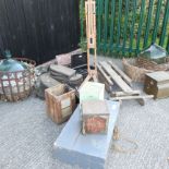 A collection of items to include a wooden easel, 157cm high, two carboys, a pair of bellows,