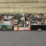 Three boxes of silver plated items, to include cake baskets,