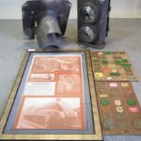 A vintage railway light, 75cm high, together with a poster, framed,