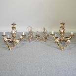 A brass and glass five branch chandelier, 35cm, together with another similar,