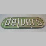 A painted metal 'Delvers' advertising sign,