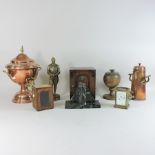 A collection of items to include a brass carriage clock, cased, a copper samovar,